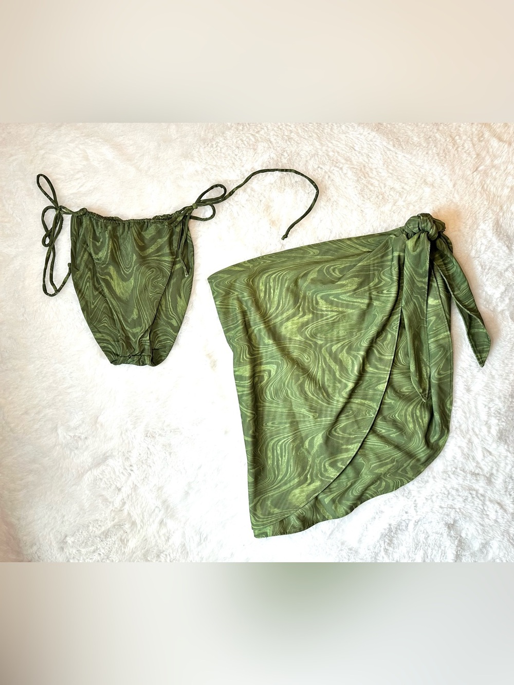 GOOD AMERICAN SET: Sarong & Tiny Ties Bikini Bottom • Pesto Swirl • Size Large 3